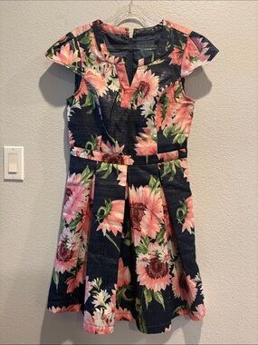 Modcloth Vintage Inspired Fit-and-Flare Navy Blue Sunflowers Dress, Size 10